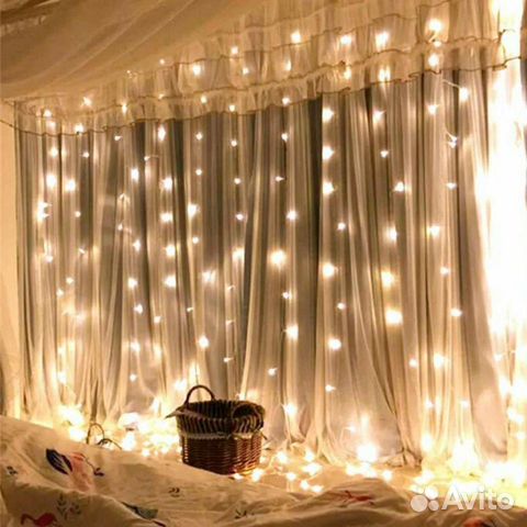 Гирлянда штора 3 на 3 метра занавес золотая белая