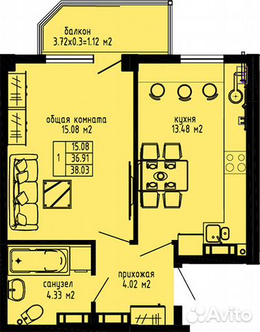 1-к квартира, 38 м², 9/10 эт.