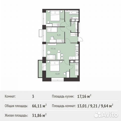 3-к квартира, 66.1 м², 17/17 эт. 3-к квартира, 66.1 м², 17/17 эт.