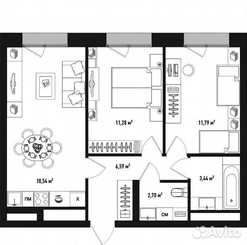 2-к квартира, 54.3 м², 13/21 эт. 2-к квартира, 54.3 м², 13/21 эт.