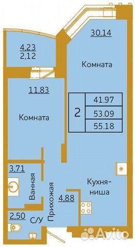 2-к квартира, 55.2 м², 6/18 эт.