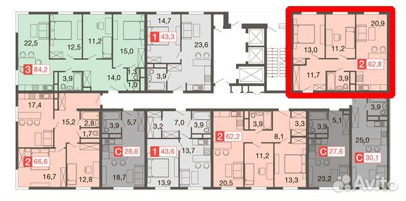 2-к квартира, 62.8 м², 2/25 эт.
