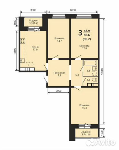 3-к квартира, 90.2 м², 2/10 эт. 3-к квартира, 90.2 м², 2/10 эт.