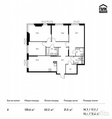 4-к квартира, 120.6 м², 2/24 эт. 4-к квартира, 120.6 м², 2/24 эт.