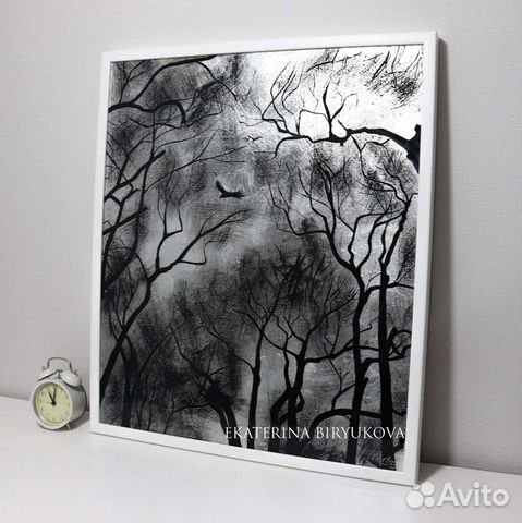 Картина Лес, деревья и птицы в серебре