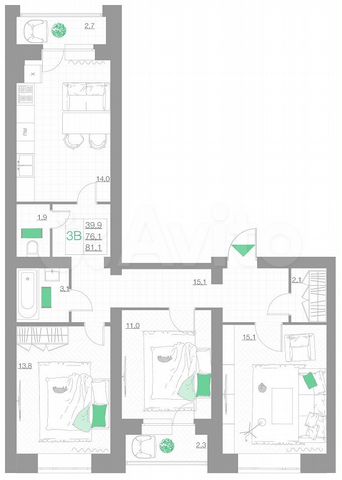 3-к. квартира, 81,1 м², 5/5 эт.