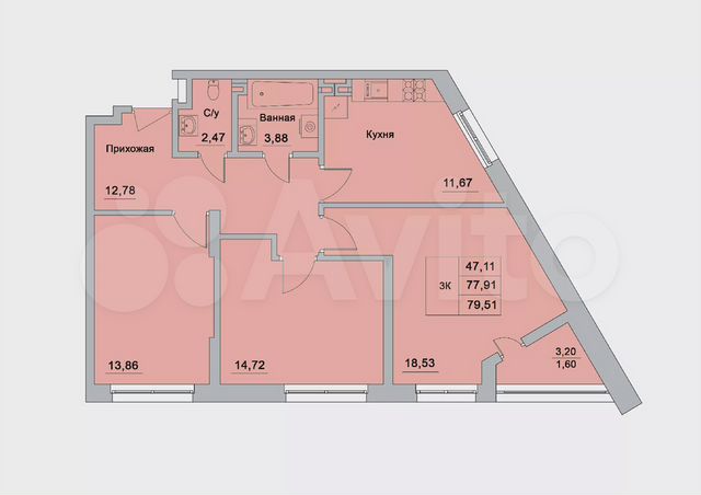 3-к. квартира, 79,5 м², 3/15 эт.