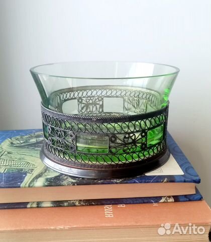 Конфетница Скань Мельхиор Зеленое Стекло СССР