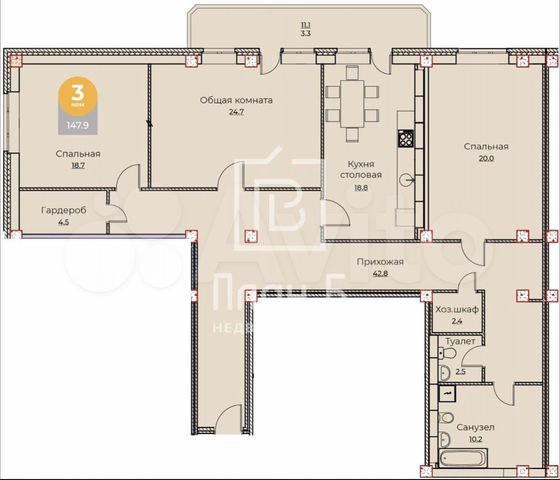 3-к. квартира, 147,9 м², 6/12 эт.