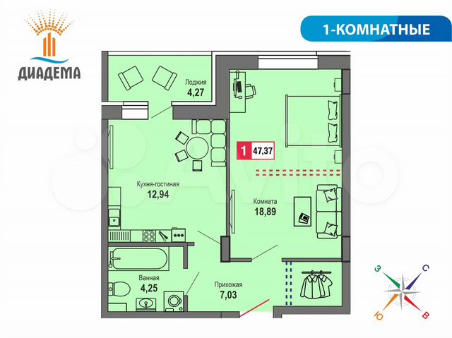 1-к. квартира, 47,4 м², 2/22 эт.