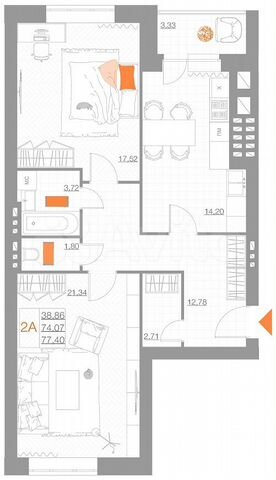 2-к. квартира, 77,4 м², 3/5 эт.