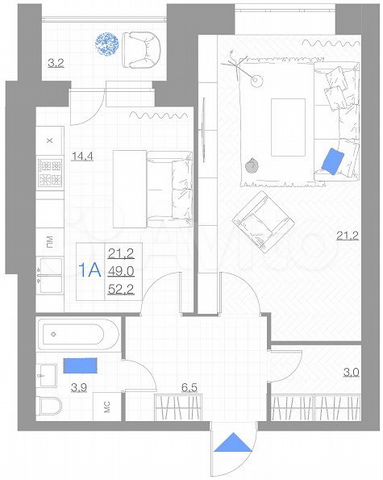 1-к. квартира, 52,2 м², 3/5 эт.