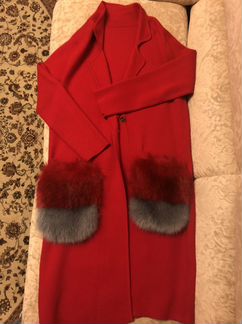 Шерстяное пальто-кардиган с песцом, 44-48