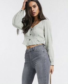 Зелёный льняной топ с объемными рукавами Vero Moda