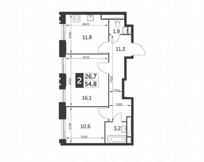2-к квартира, 54.8 м², 27/27 эт.