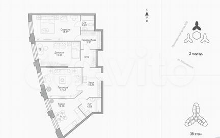 3-к квартира, 94.4 м², 38/39 эт.