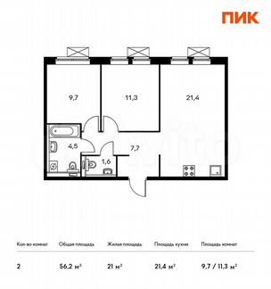 2-к квартира, 56.2 м², 22/25 эт.