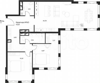 2-к квартира, 113.5 м², 6/17 эт.