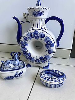 Гжель куманец/кумган,икорница,масленка