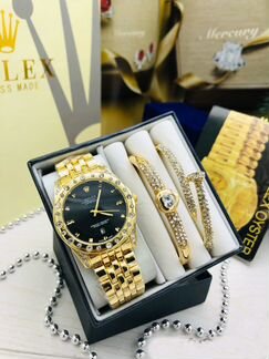 Блестящий женский набор Rolex часы + два браслета